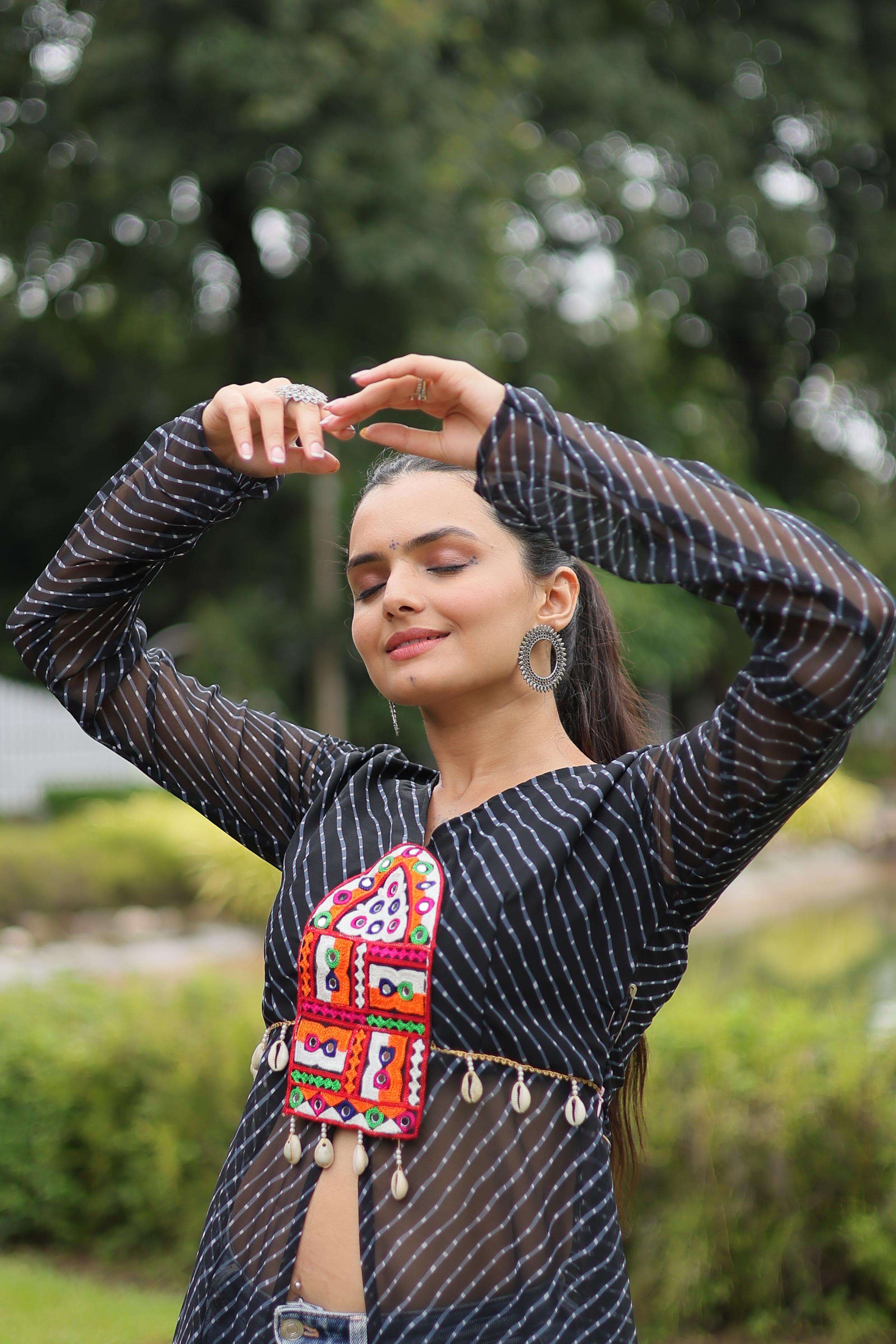  Leheriya Print work with kutchi patchework in Faux Georgette KURTI SUPPLIER IN SURAT